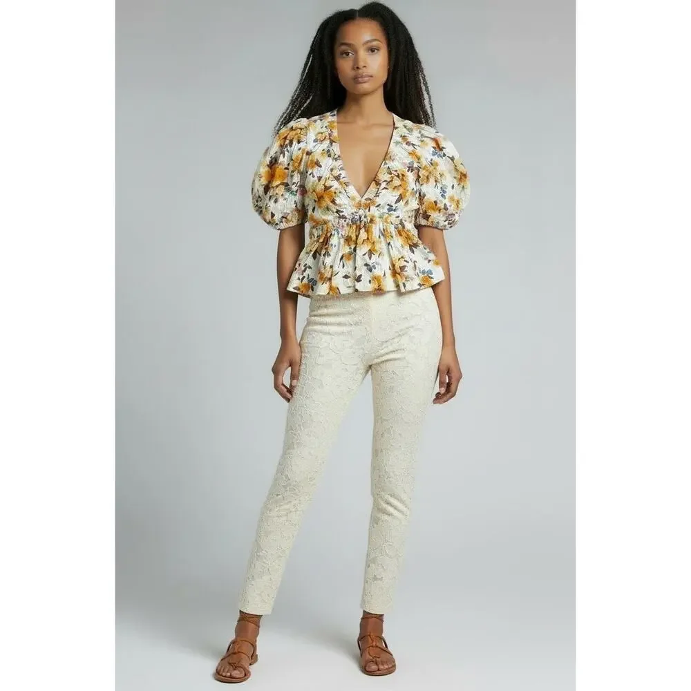 NWT Abercrombie & Fitch Floral Babydoll Cottage Puff Sleeve Linen Blend Top